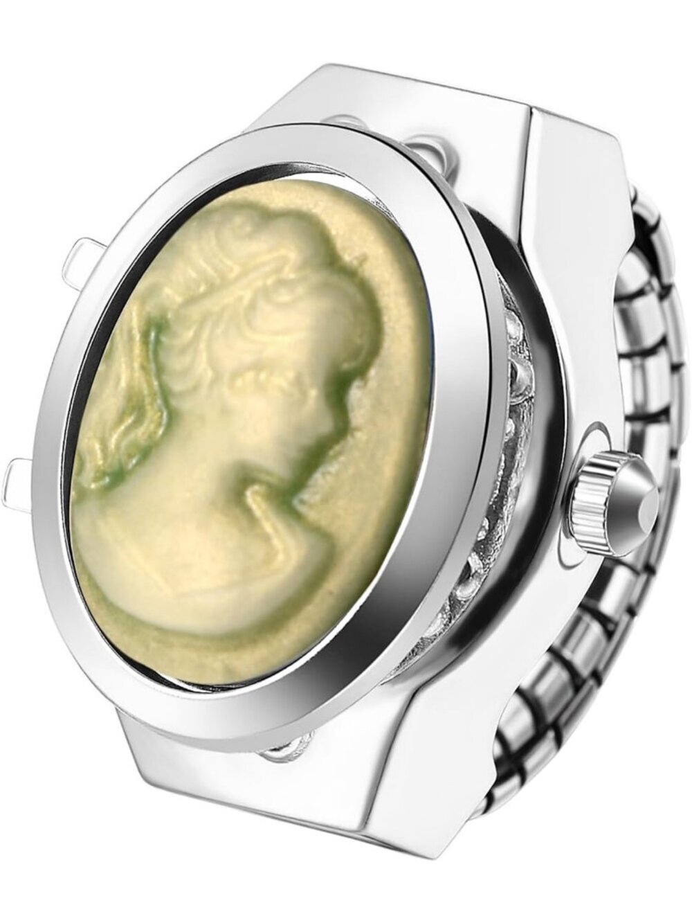 Unisex Green Analog Quartz Flip Cover Stainless Steel Stretchy Finger Ring Watch